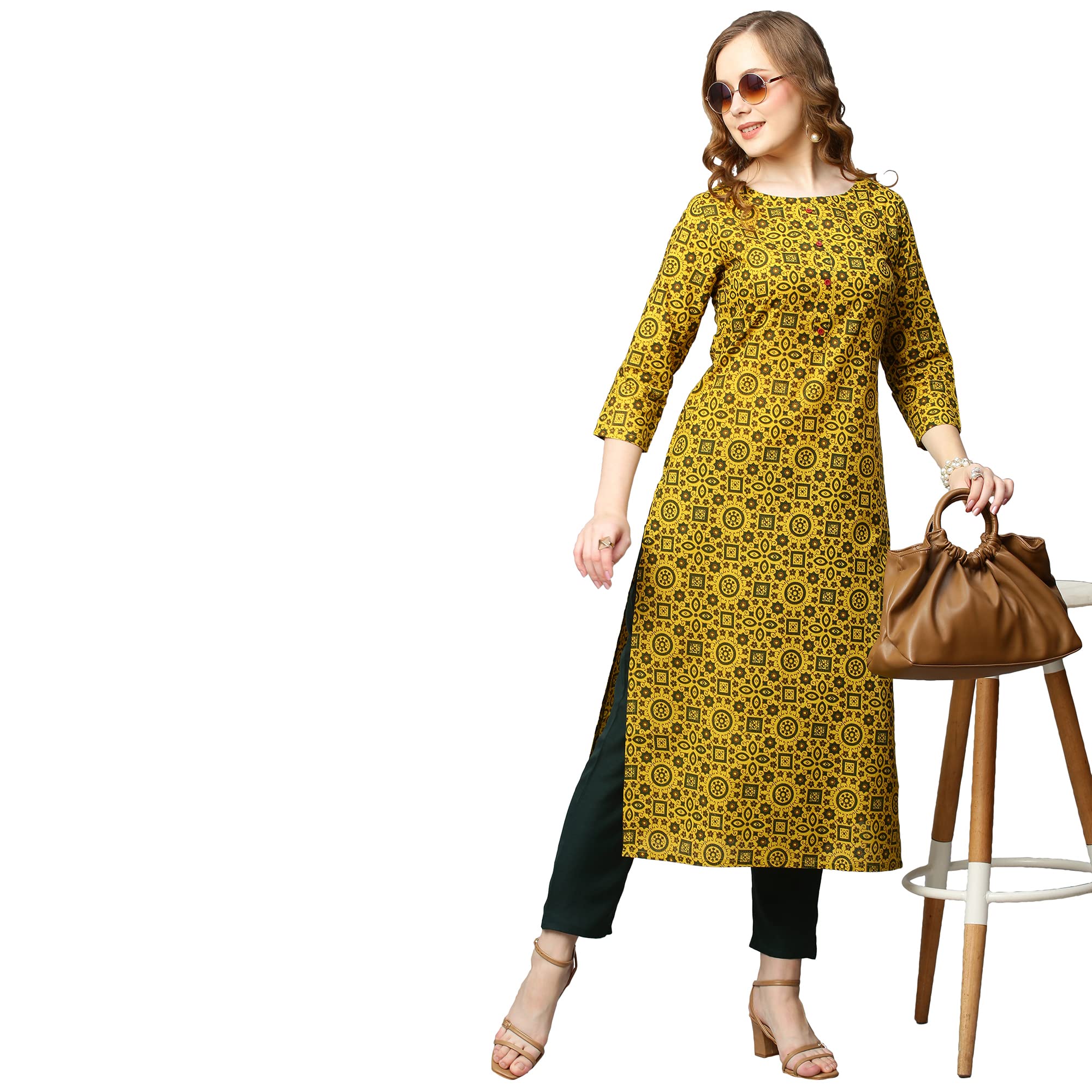 ANNI DESIGNER Womens Pure Cotton Printed Straight Kurta (Chokdi Yellow_XL_Yellow_X-Large)