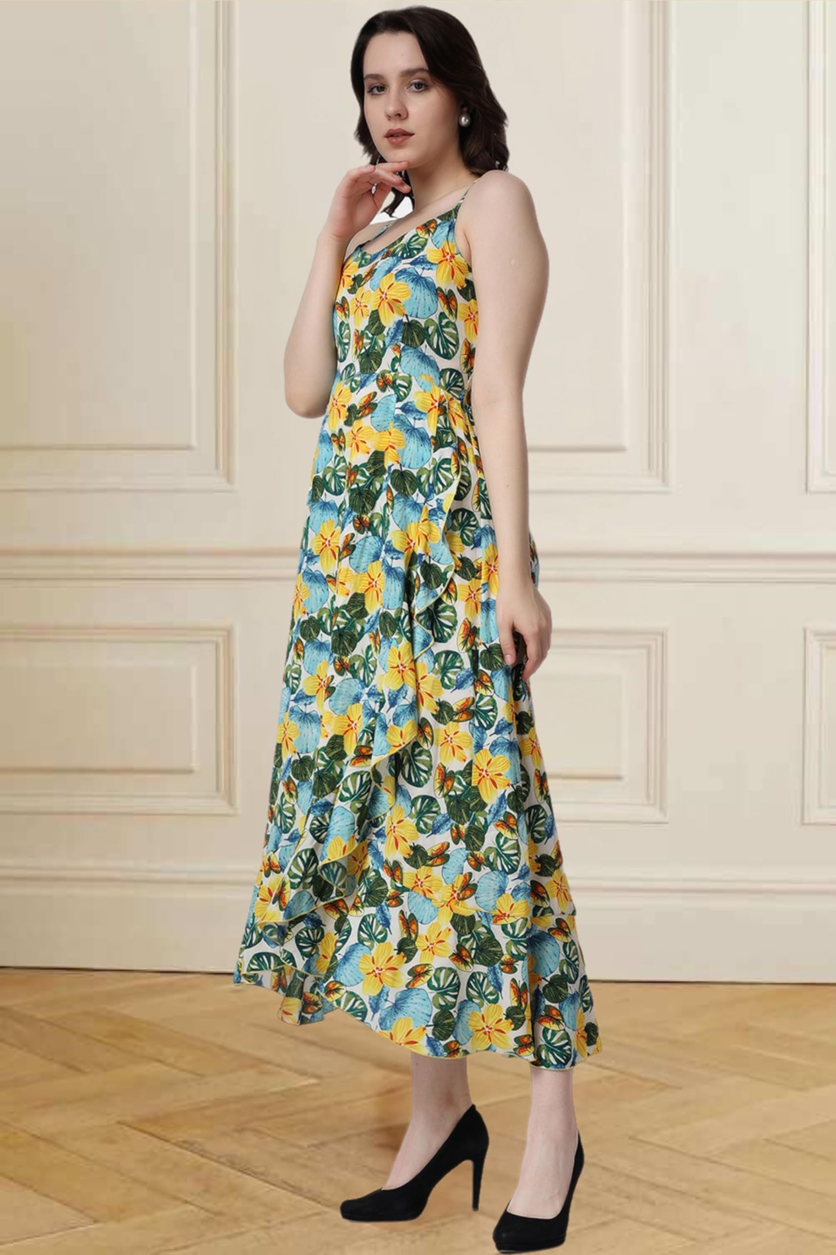 Popwings Casual Floral Printed Maxi Length Fit & Flare Dress For Women || Summer Dress For Women || Flare Maxi Dress For Women S