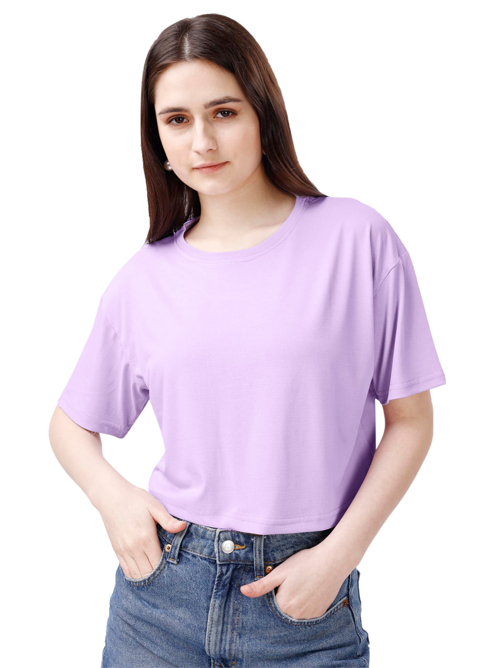 ELLITI Soft Rich Cotton Lavender/Purple Half Sleeve | Round Neck | Oversized/Loose Fit | Down Solder | Plain/Soild Crop Top for 