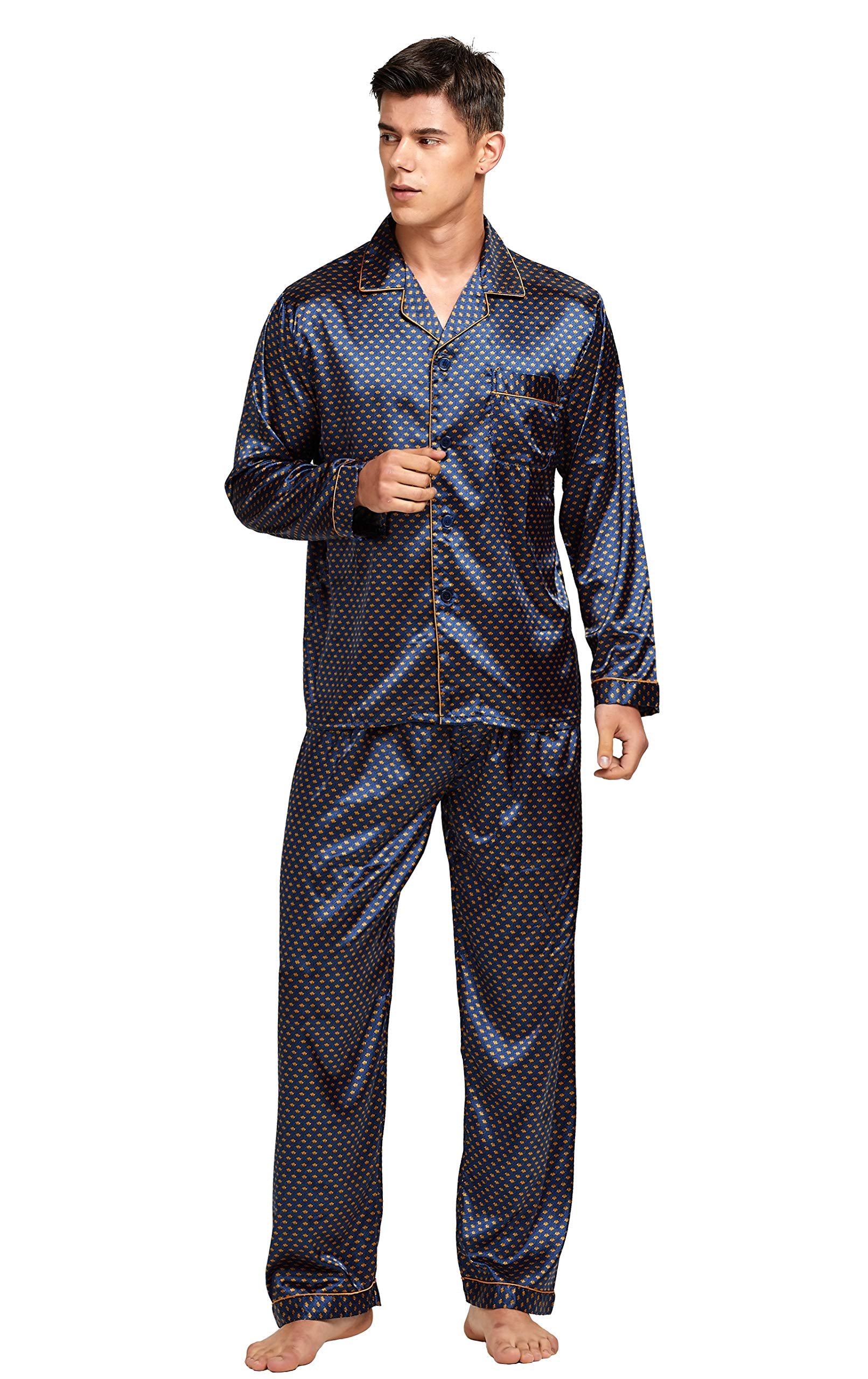 TONY AND CANDICE Men's Classic Satin Pajama Set Sleepwear (Blue/Golden, Medium)