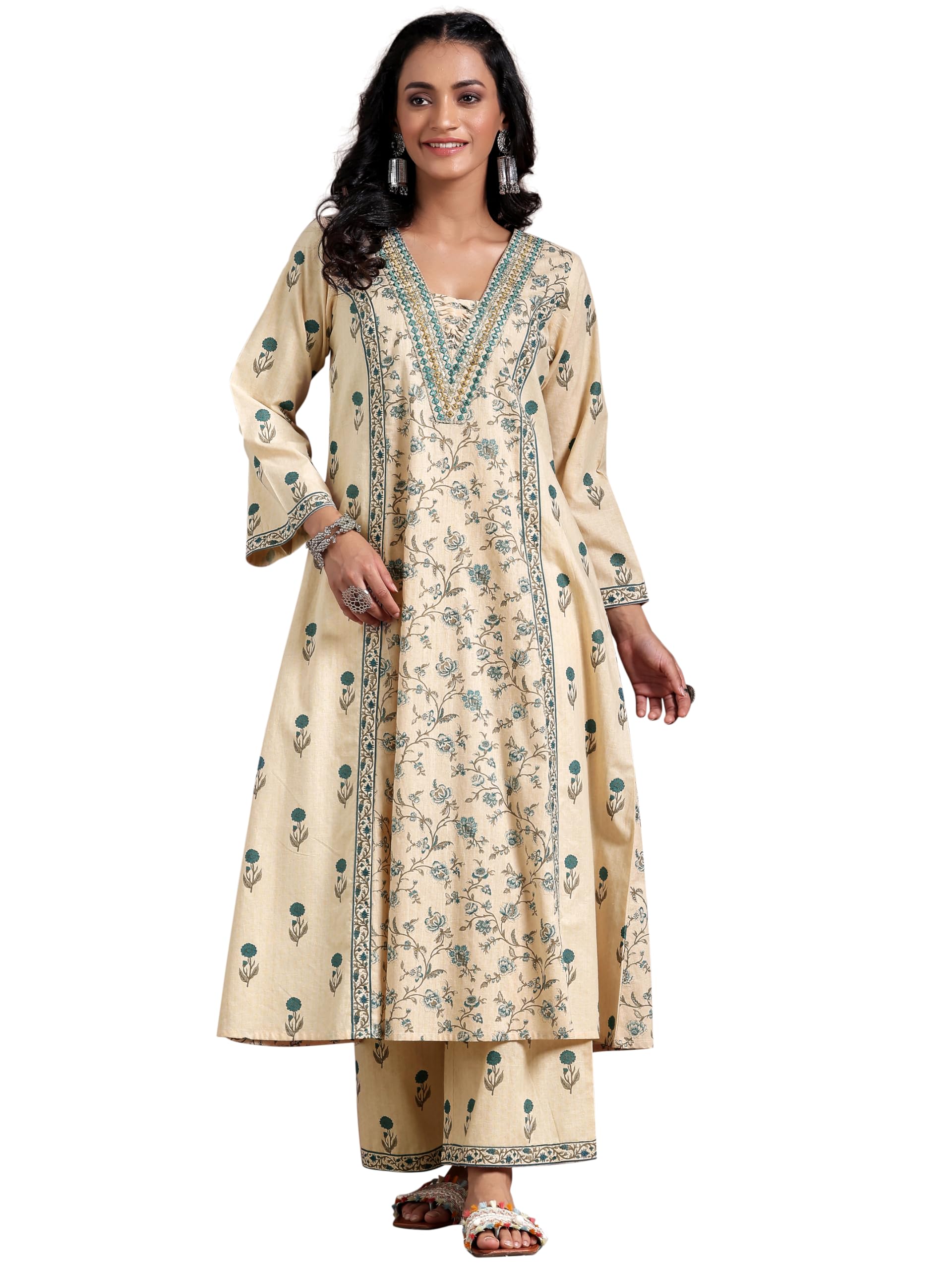 Libas Beige Pure Cotton Printed Kurta Sets For Women