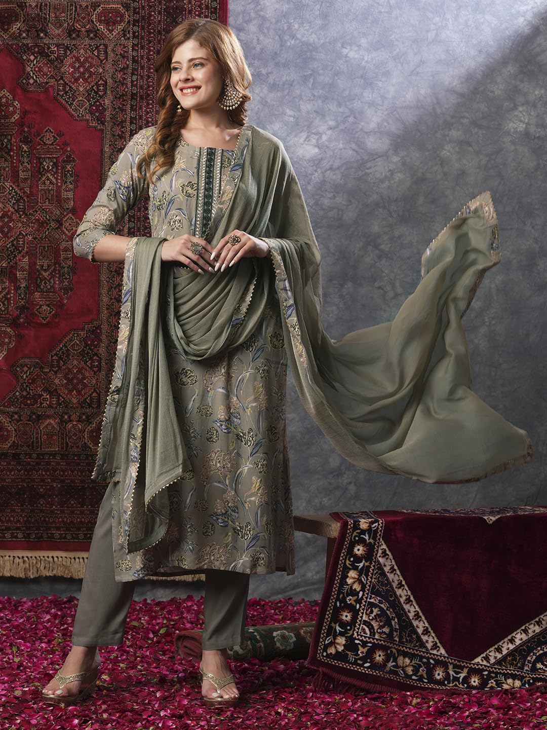 ANNI DESIGNER Women s Casual Rayon Blend Dupatta Kurta Pants, grey, XL