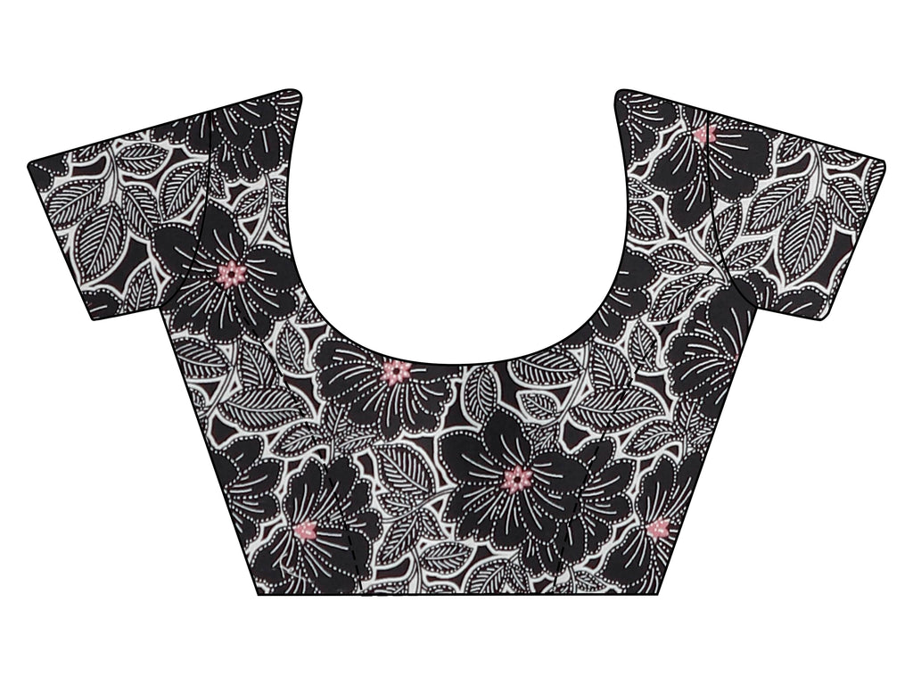 Womanista Womens Satin Two Way Floral Black Saree With Un-stitched blouse