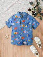 TAGAS Boys Cartoon Graphic Patched Pocket Casual Shirt | Fancy Shirt | Party Shirt for Boys and Kids Blue