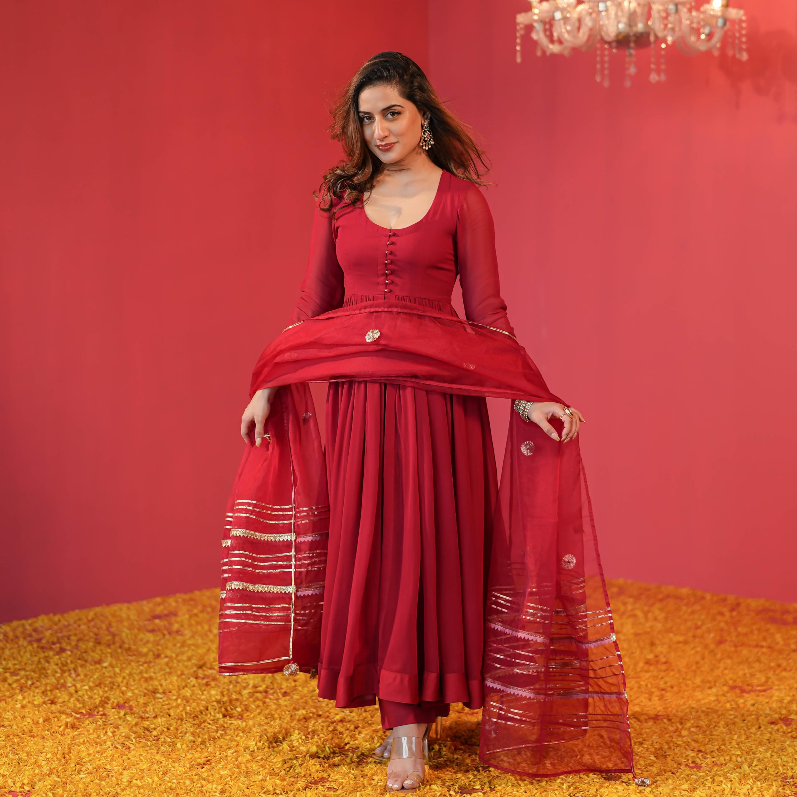 GoSriKi Women s Anarkali Rayon Blend Kurta with Pants and Dupatta