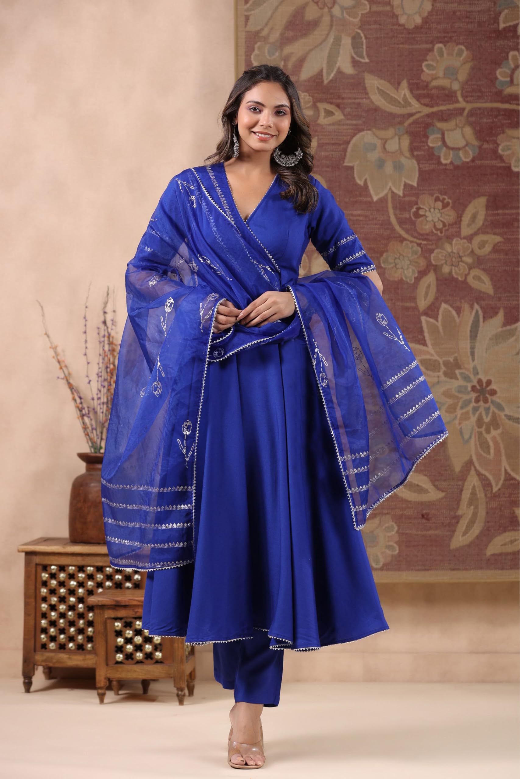 ANNI DESIGNER Anarkali Women s Plain Rayon Blend Kurta with Trousers and Dupatta, Blue, Medium