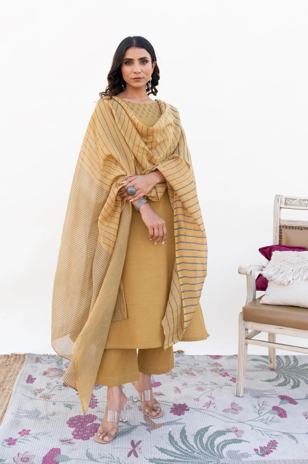 ANNI DESIGNER Women s Rayon Viscose Print Straight Kurta with Pants & Dupatta, Yellow, L