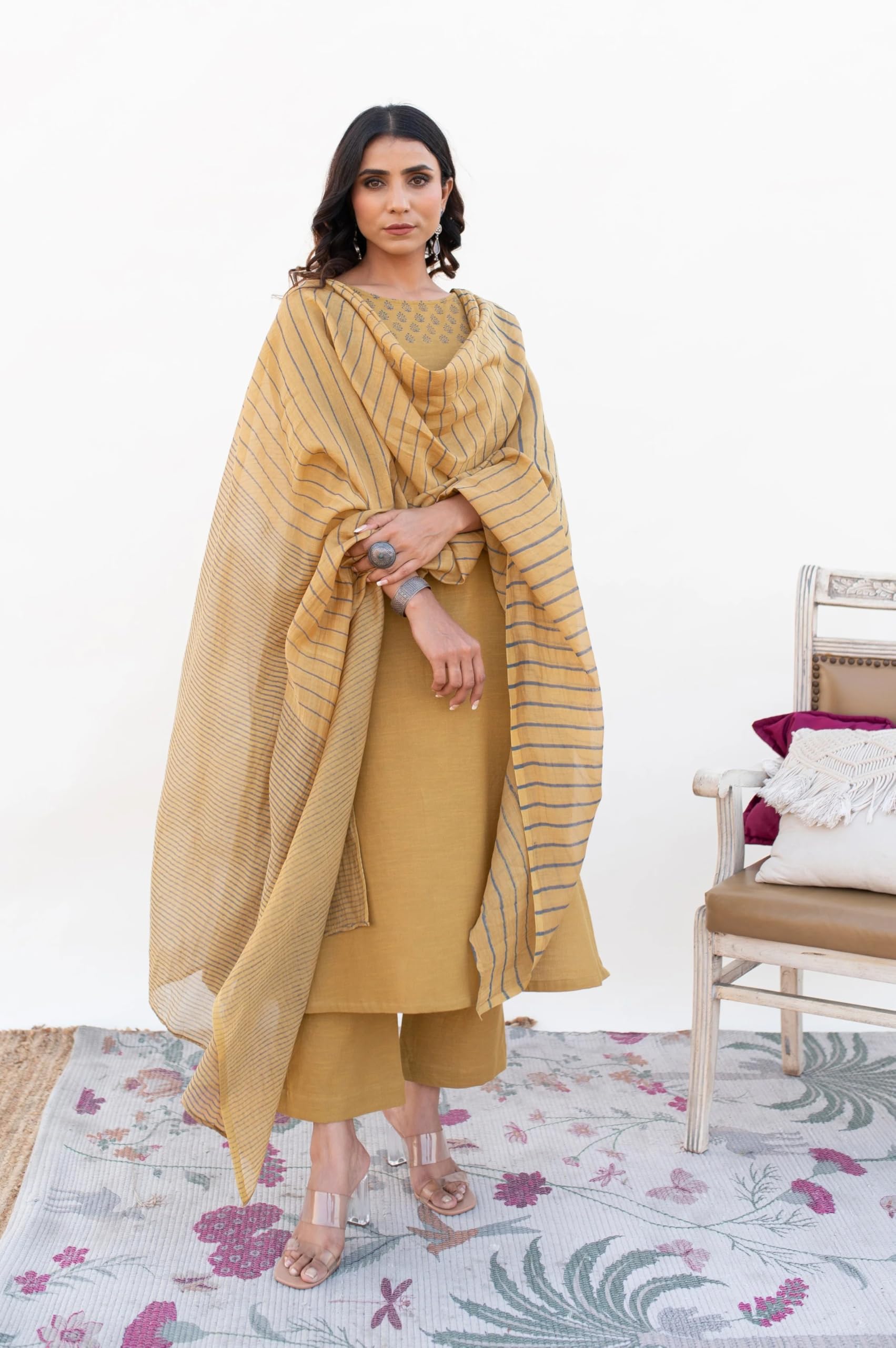 ANNI DESIGNER Women s Rayon Viscose Print Straight Kurta with Pants & Dupatta, Yellow, L