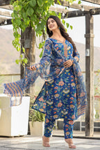 ANNI DESIGNER Womens Cotton Blend Printed Straight Kurta with Pant & Dupatta (JDP Blue_S_Blue_Small)