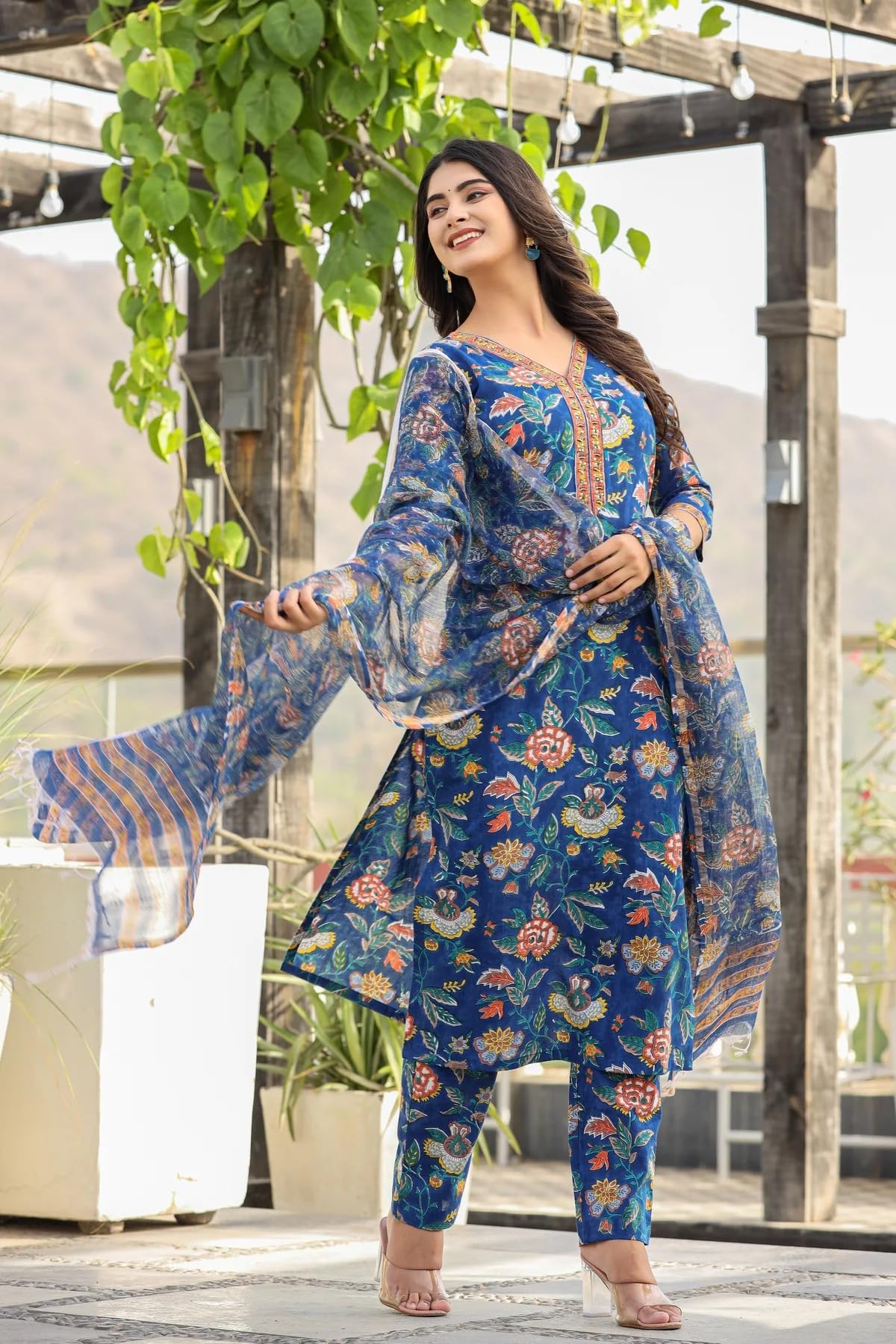 ANNI DESIGNER Womens Cotton Blend Printed Straight Kurta with Pant & Dupatta (JDP Blue_S_Blue_Small)