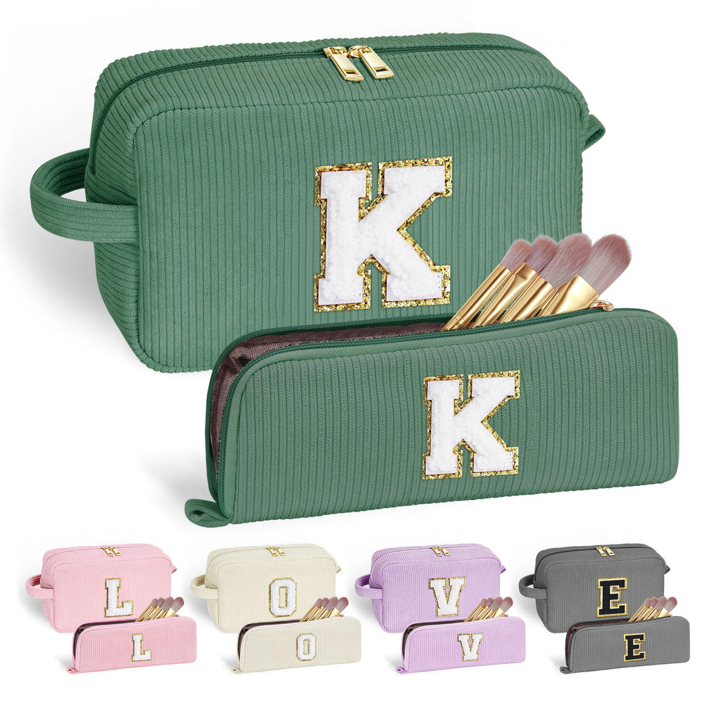 YOOLIFE Travel Makeup Bag - Gifts for Women Initial Letter Cosmetic Bags for Women Girls Green Make Up Bag & Makeup Brush Bag Pe