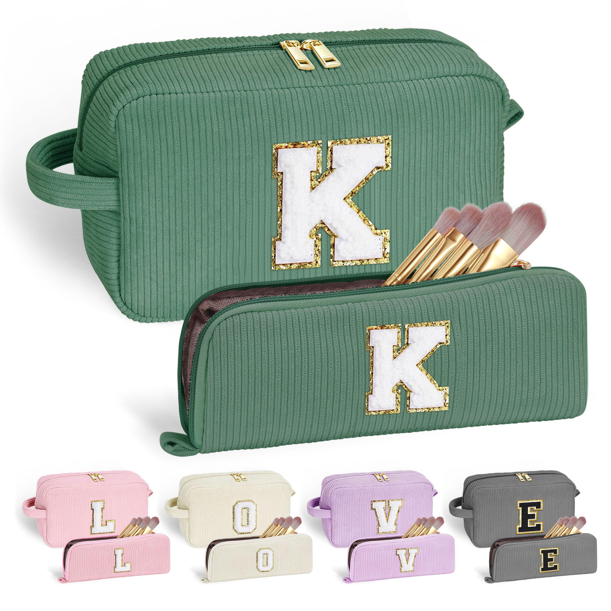 YOOLIFE Travel Makeup Bag - Gifts for Women Initial Letter Cosmetic Bags for Women Girls Green Make Up Bag & Makeup Brush Bag Pe