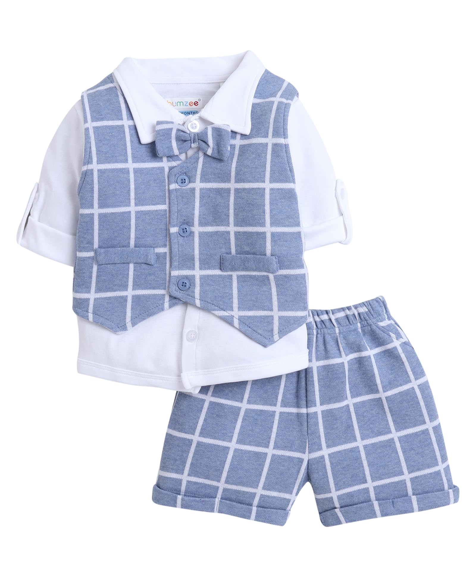 BUMZEE Sky Blue & White Boys Full Sleeves Shirt Waistcoat & Short Set With Applique Bow Age - 2-3 Years (Peb8055F-sbl.wht)