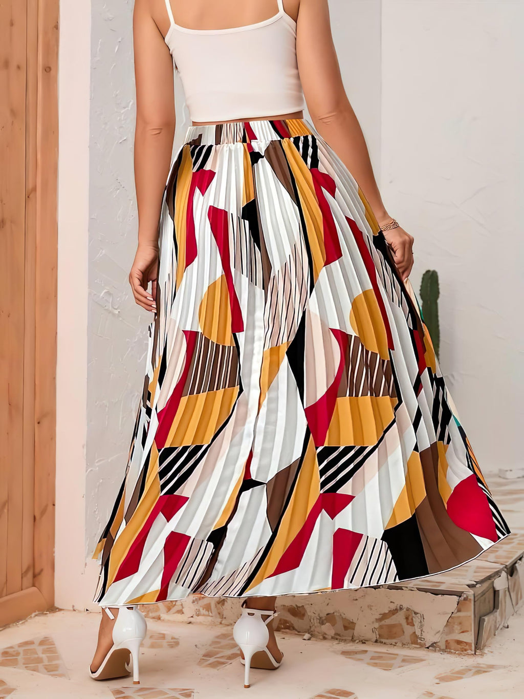 Kzully Polyester | WomenS Long Skirt High Waist Print Pleated Maxi Skirt Regular Fit Casual Long Skirt White-Red