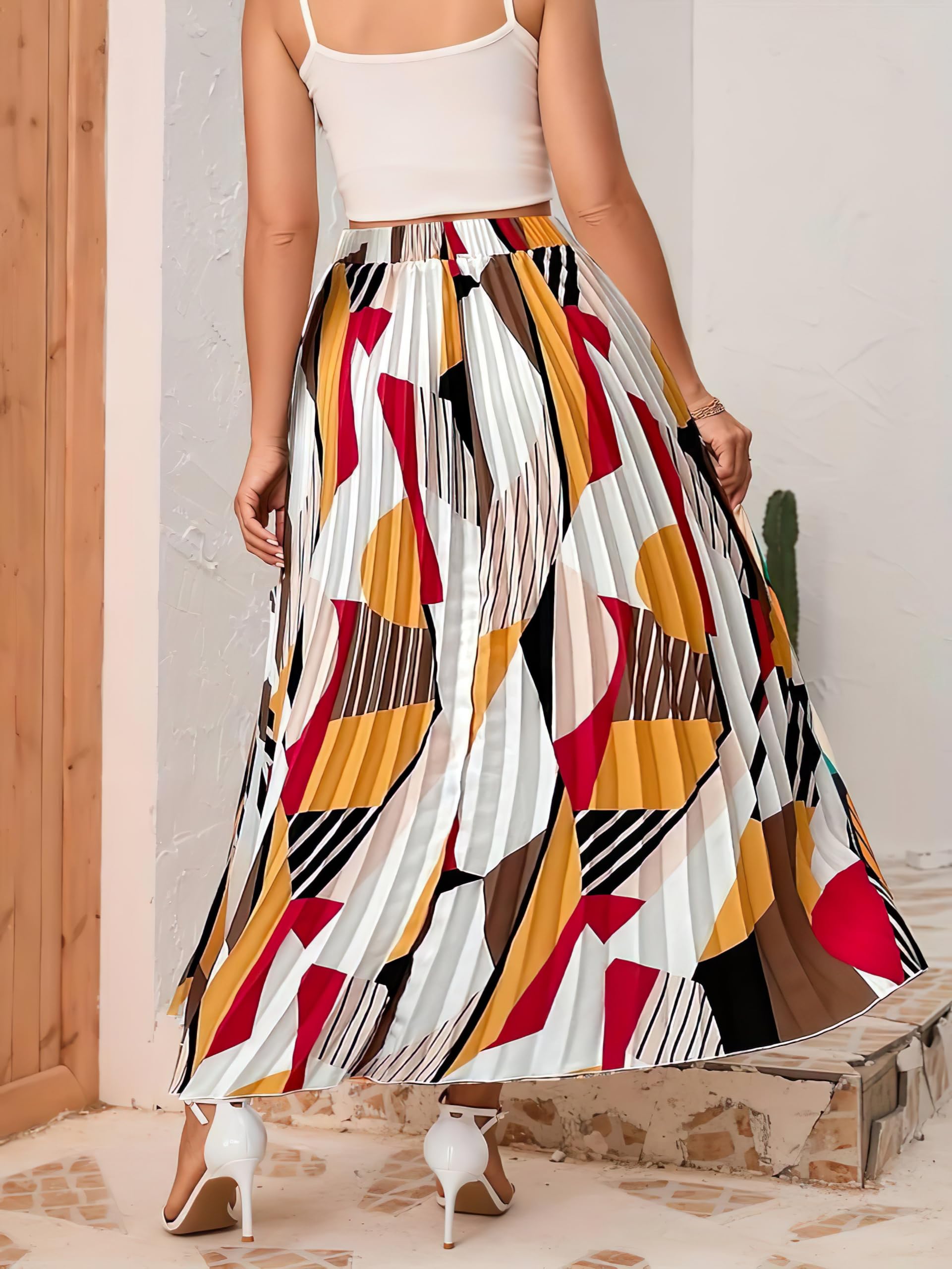 Kzully Polyester | WomenS Long Skirt High Waist Print Pleated Maxi Skirt Regular Fit Casual Long Skirt White-Red