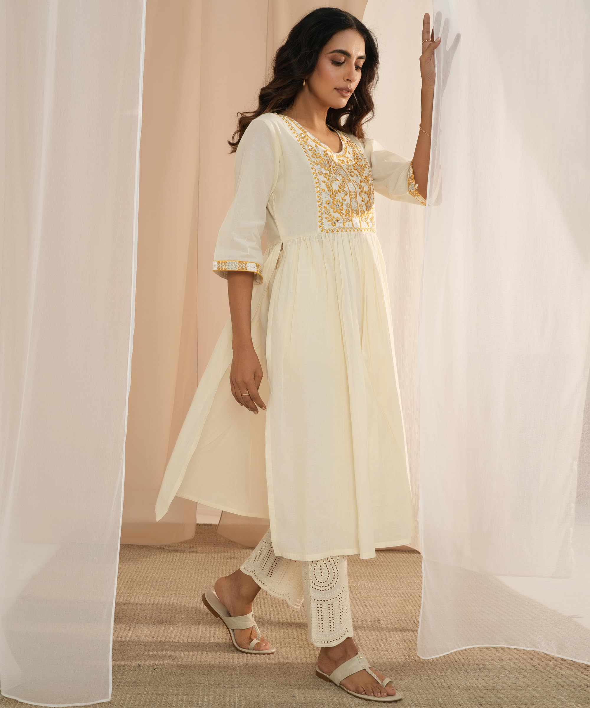 Libas Womens Cotton Printed A-Line Kurta (26725_Off White