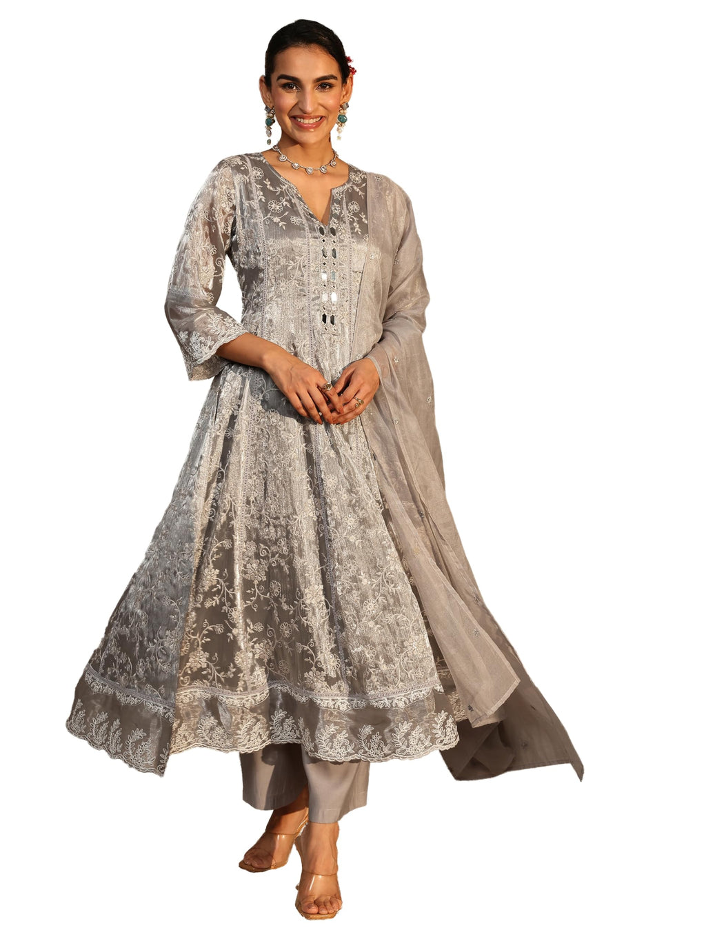 Libas Embroidered Organza Anarkali Kurta With Trousers And Dupatta-93297Xxl