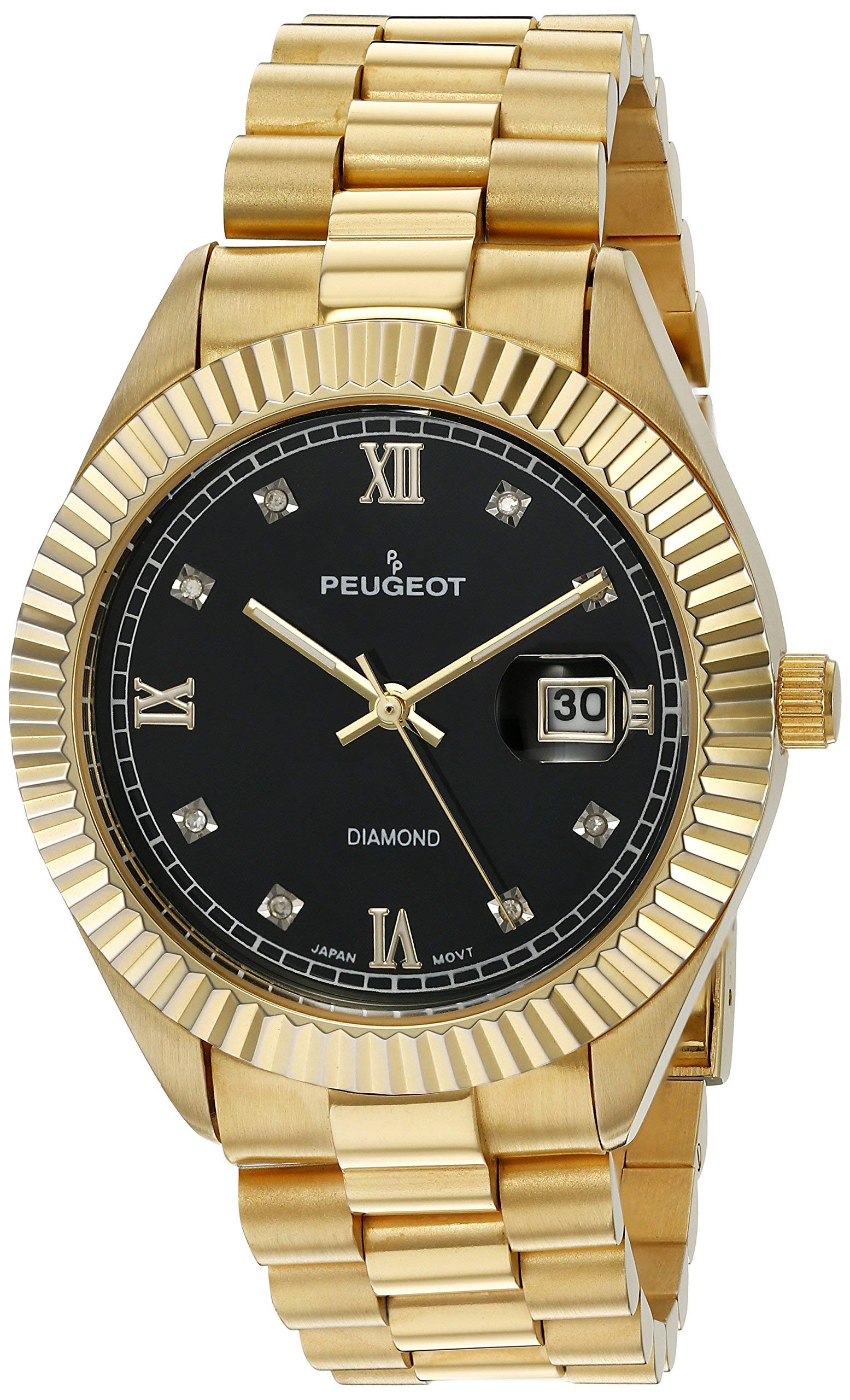 Peugeot 14K Gold Plated Diamond Luxury Dress Watch with Fluted Bezel and Calendar
