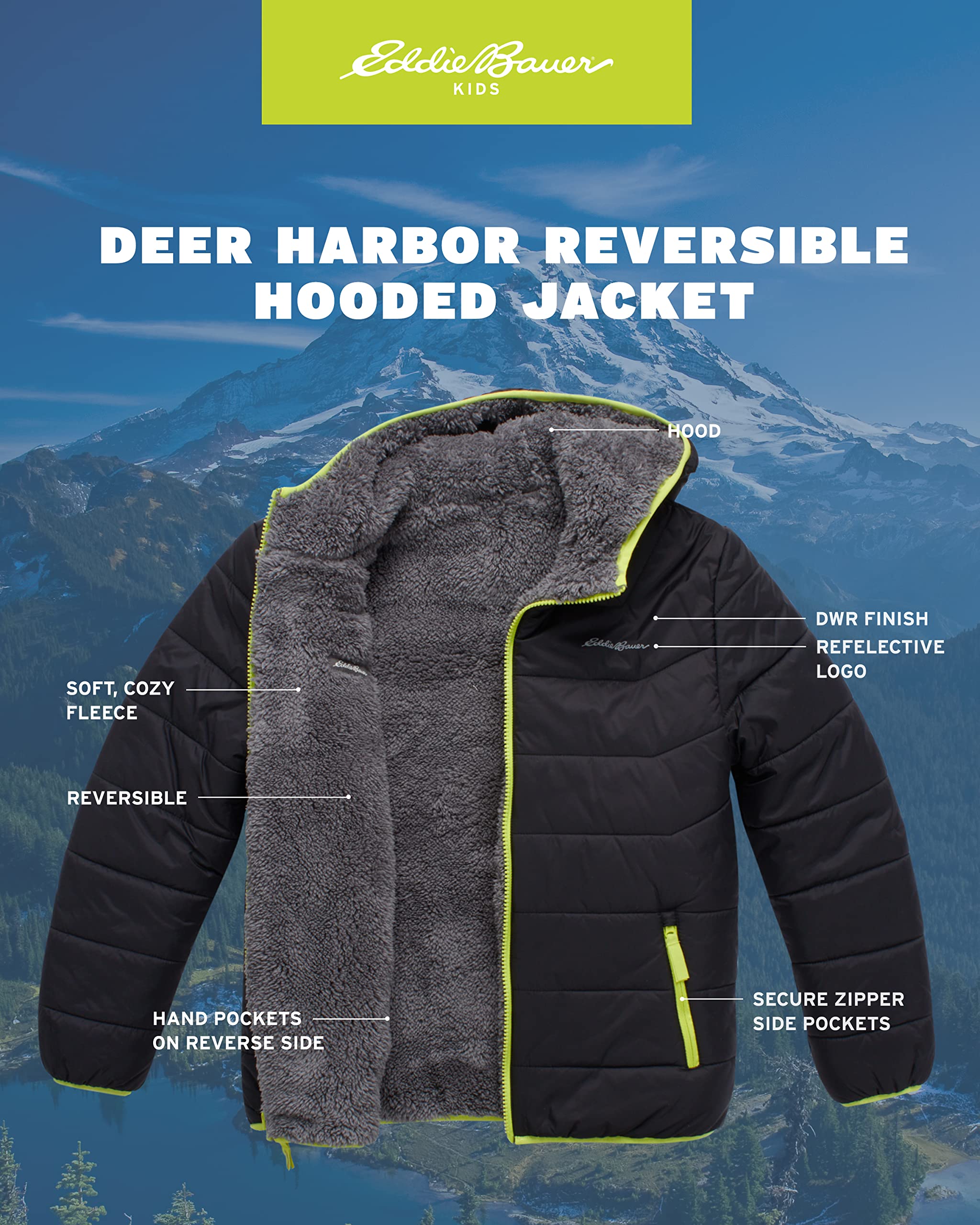 Eddie Bauer Boys' Reversible Jacket - Deer Harbor Waterproof Lightweight Puffer Coat with Faux Shearling Lining (5-20), Size 14-