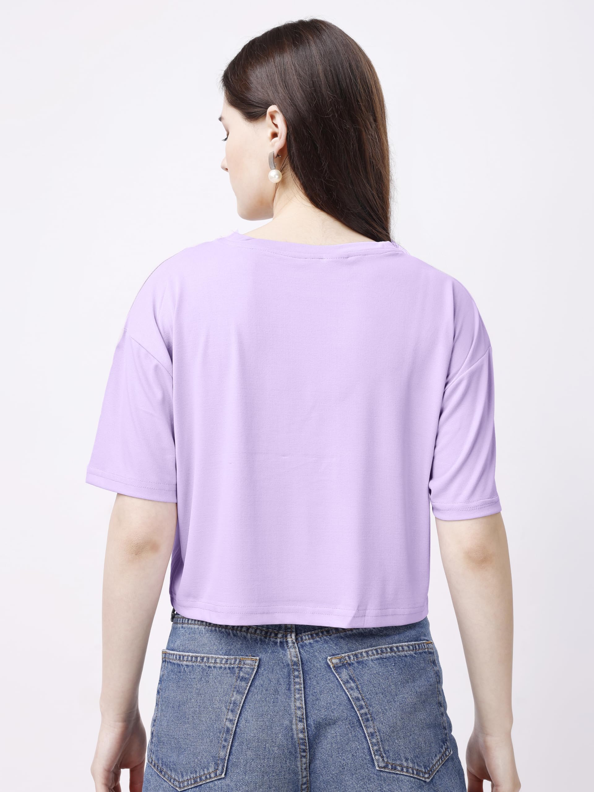 ELLITI Soft Rich Cotton Lavender/Purple Half Sleeve | Round Neck | Oversized/Loose Fit | Down Solder | Plain/Soild Crop Top for