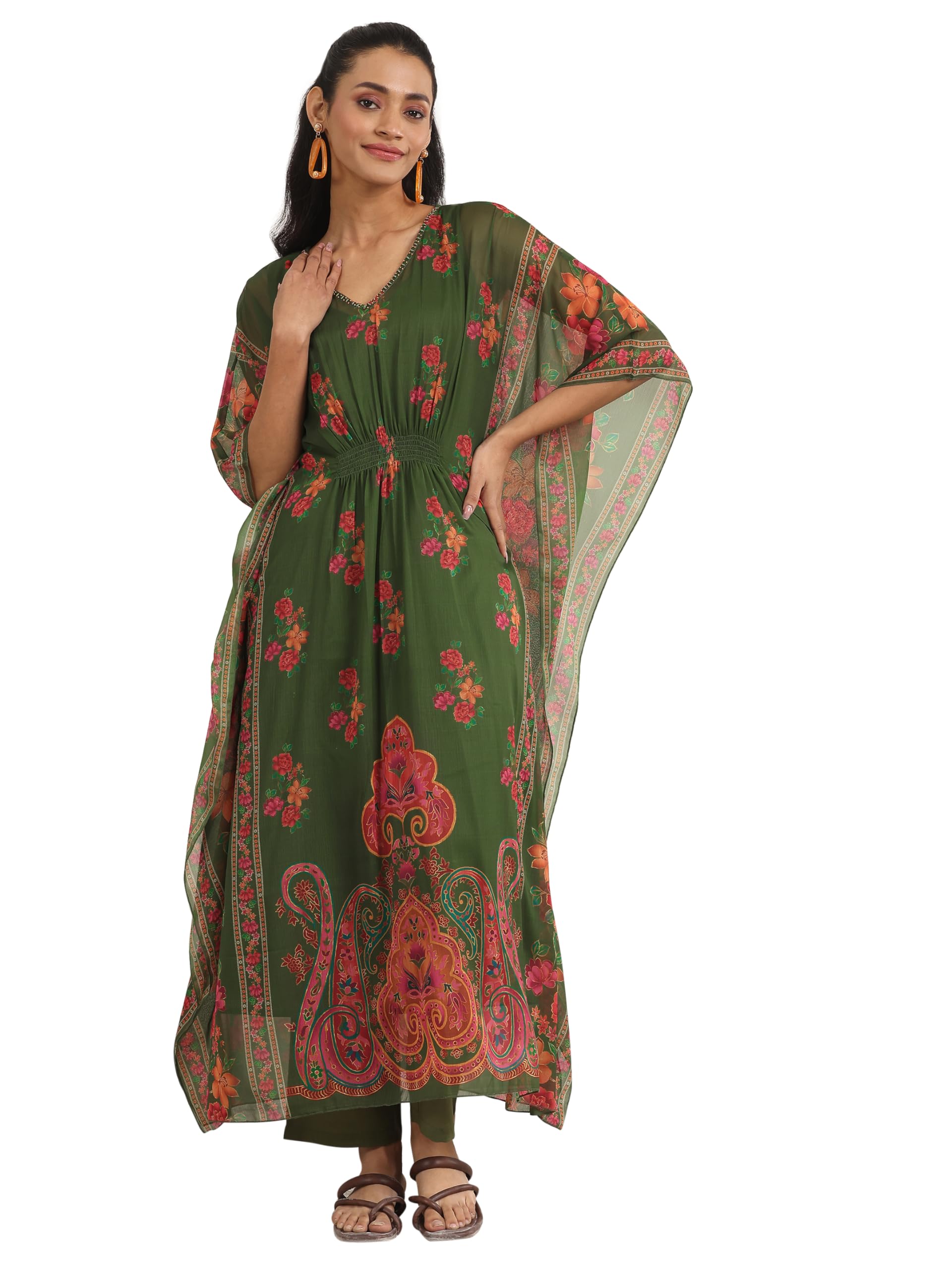 Libas Women Chiffon Green Floral Printed Kaftan Kurta Set With Inner And Solid Trouser, Large