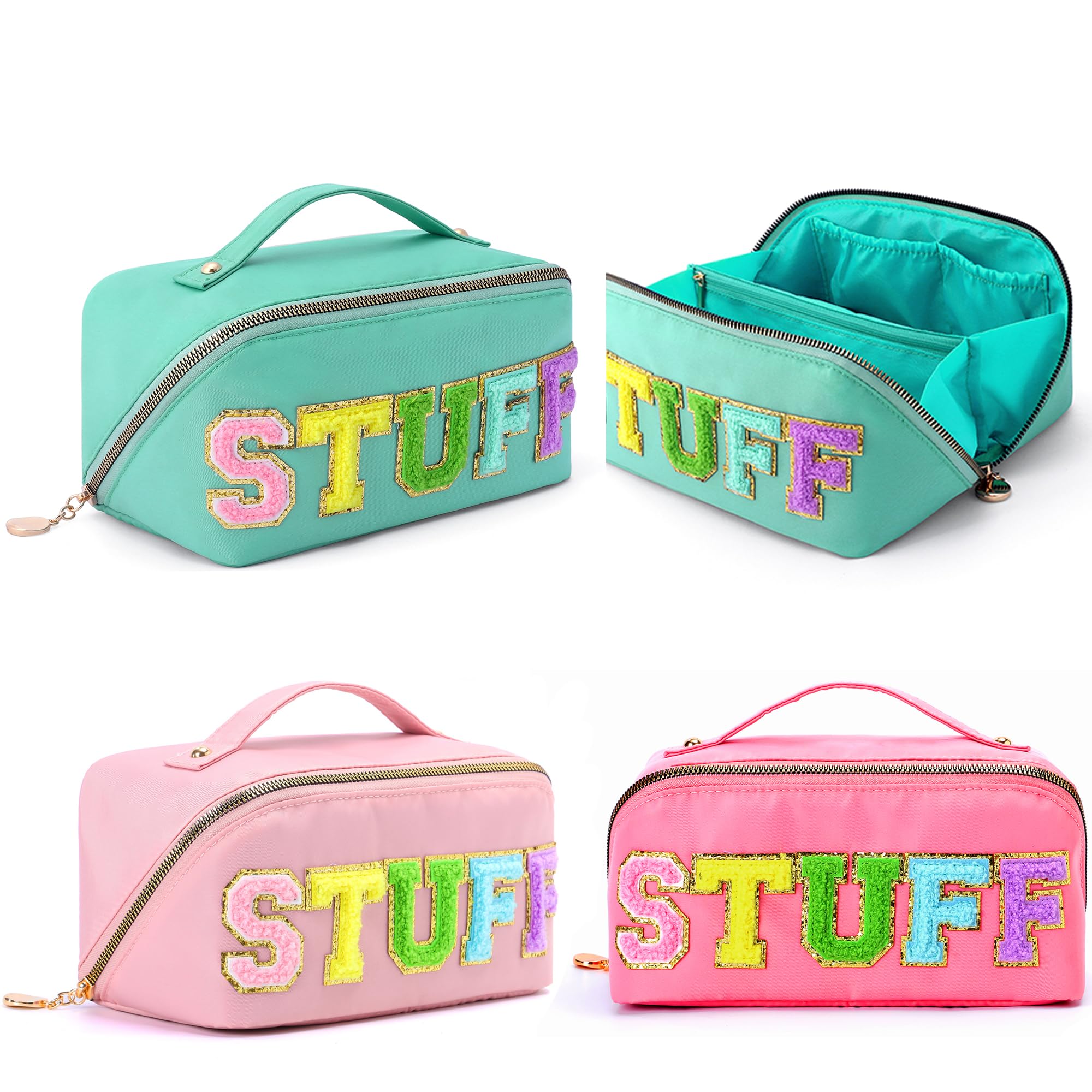 LONEDREAM 3Pcs Stoney Clover Preppy Makeup Bag, Stuff Bag Travel Makeup Cosmetic Bag, Chenille Letter Patch Open Flat Nylon Pouc