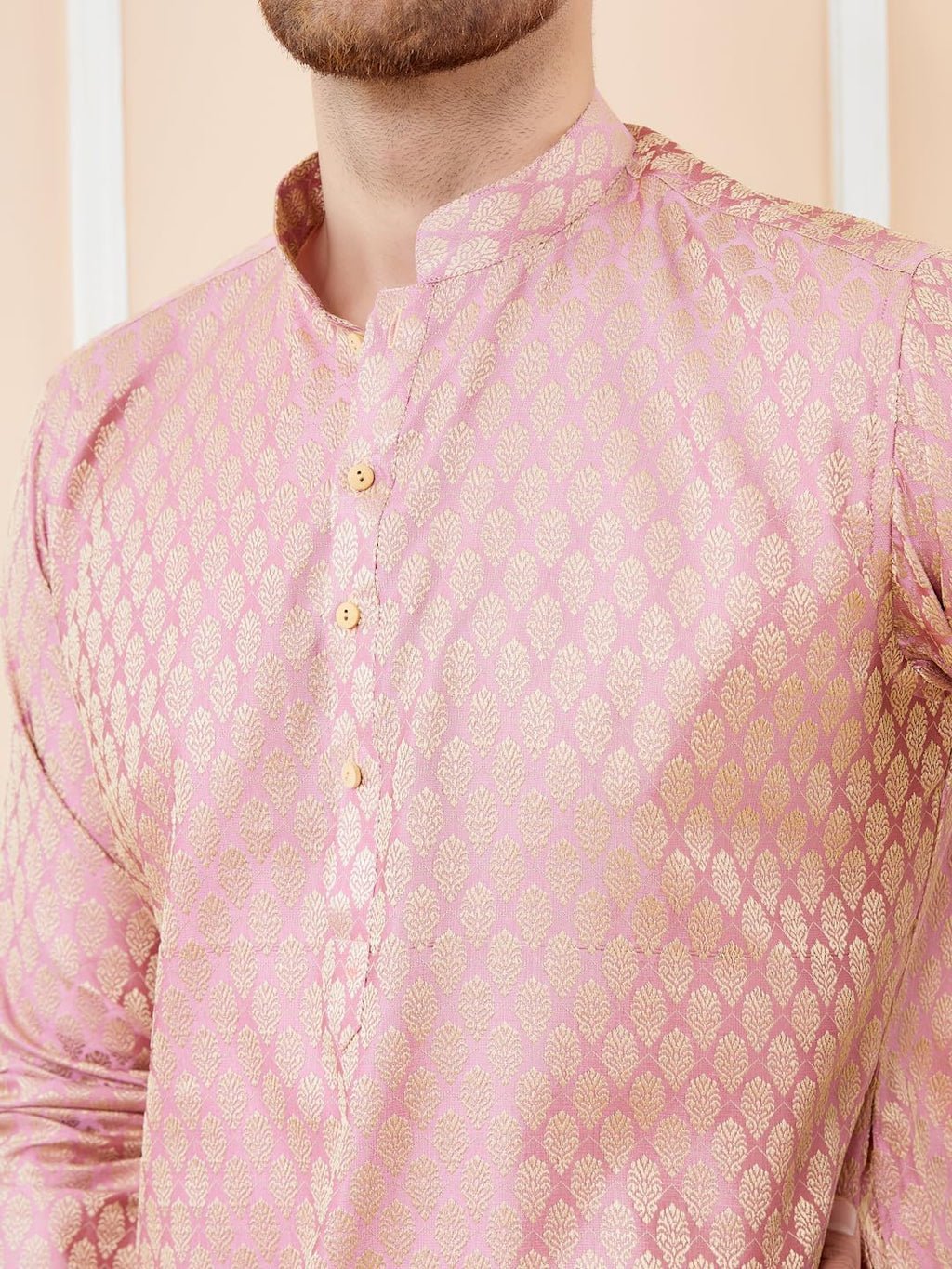 See Designs Men Full Sleeve Sleeve Side Slit Mandarin Collar Pink Ethnic Motifs Silk Jacquard Woven Design Straight Kurta With P