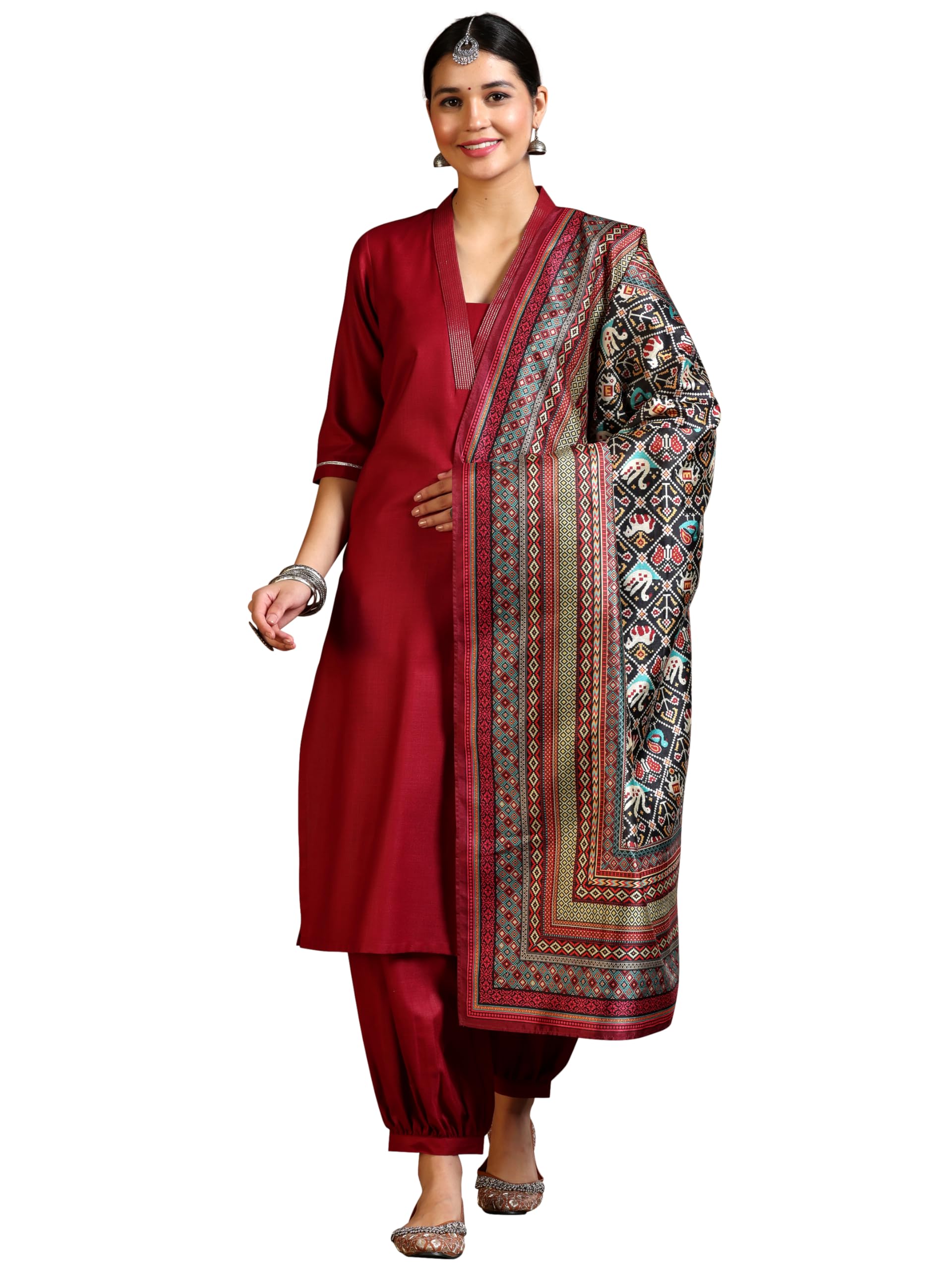Libas Womens Embellished Cotton Blend Straight Kurta With Salwar And Dupatta