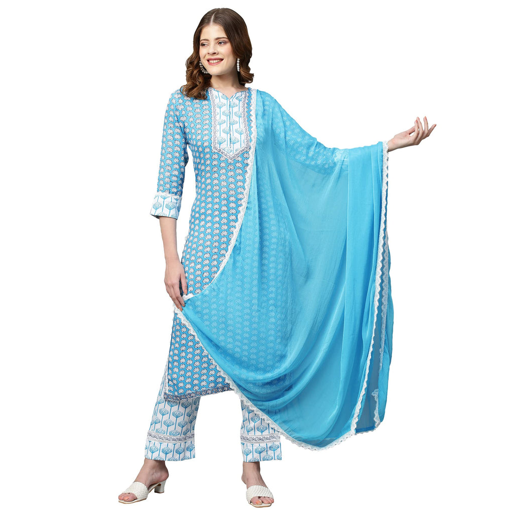 ANNI DESIGNER Women's Cotton Blend Straight Printed Kurta with Pant & Dupatta (Sky Bird New Blue_XXL_Blue_XX-Large)