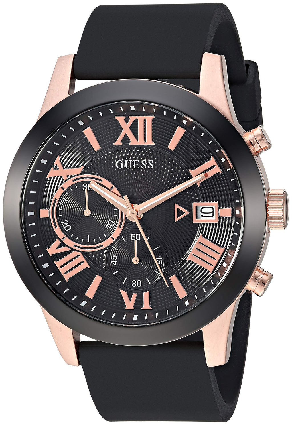 GUESS Comfortable Black + Rose Gold-Tone Stain Resistant Silicone Chronograph Watch with Date. Color:Black/Rose Gold-Tone (Model