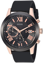 GUESS Comfortable Black + Rose Gold-Tone Stain Resistant Silicone Chronograph Watch with Date. Color:Black/Rose Gold-Tone (Model