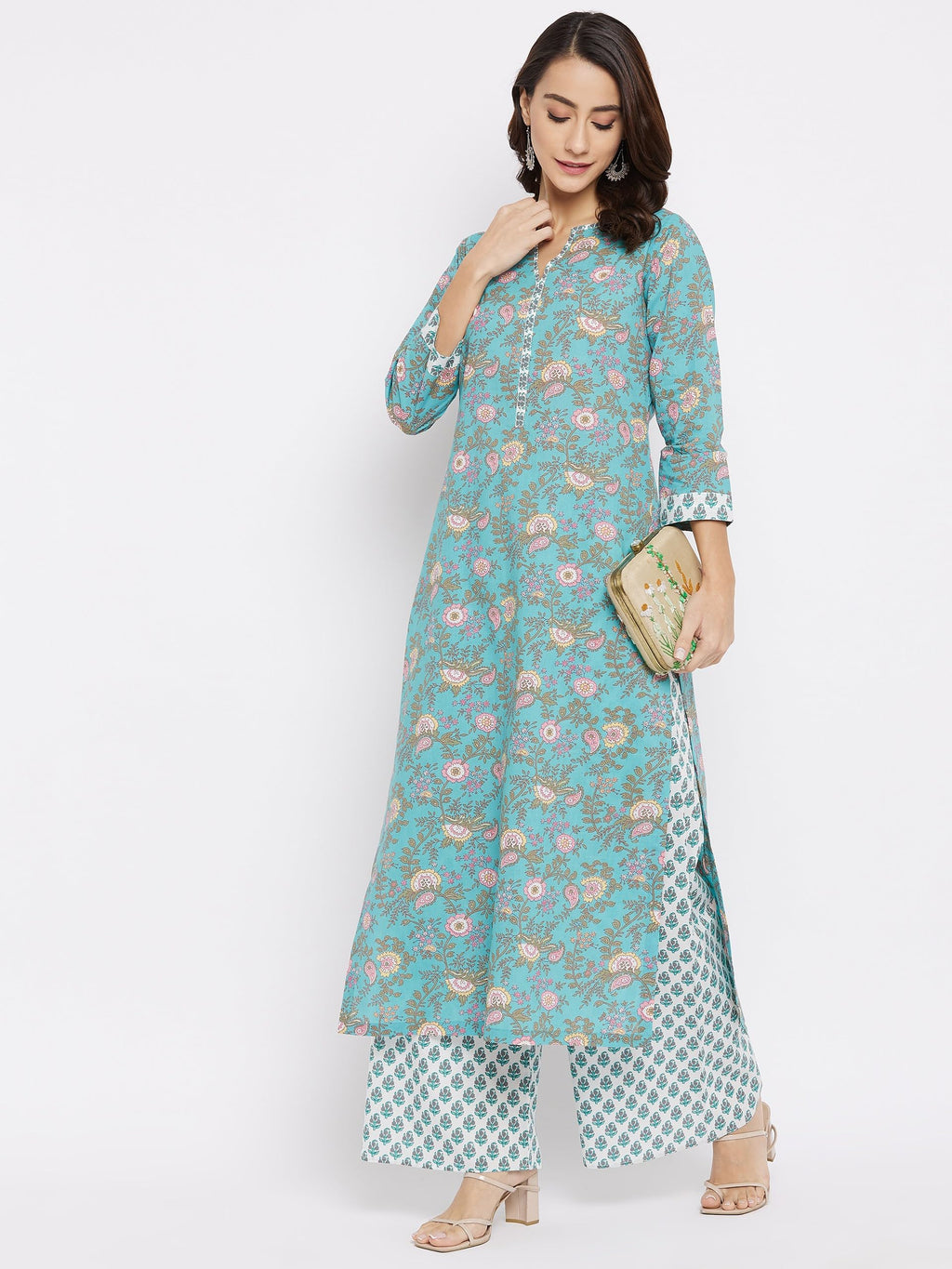 Tissu Women'S Cotton Sea Green & Pink Floral Printed Kurta With Palazzo (Tis-600_Green_8Xl)