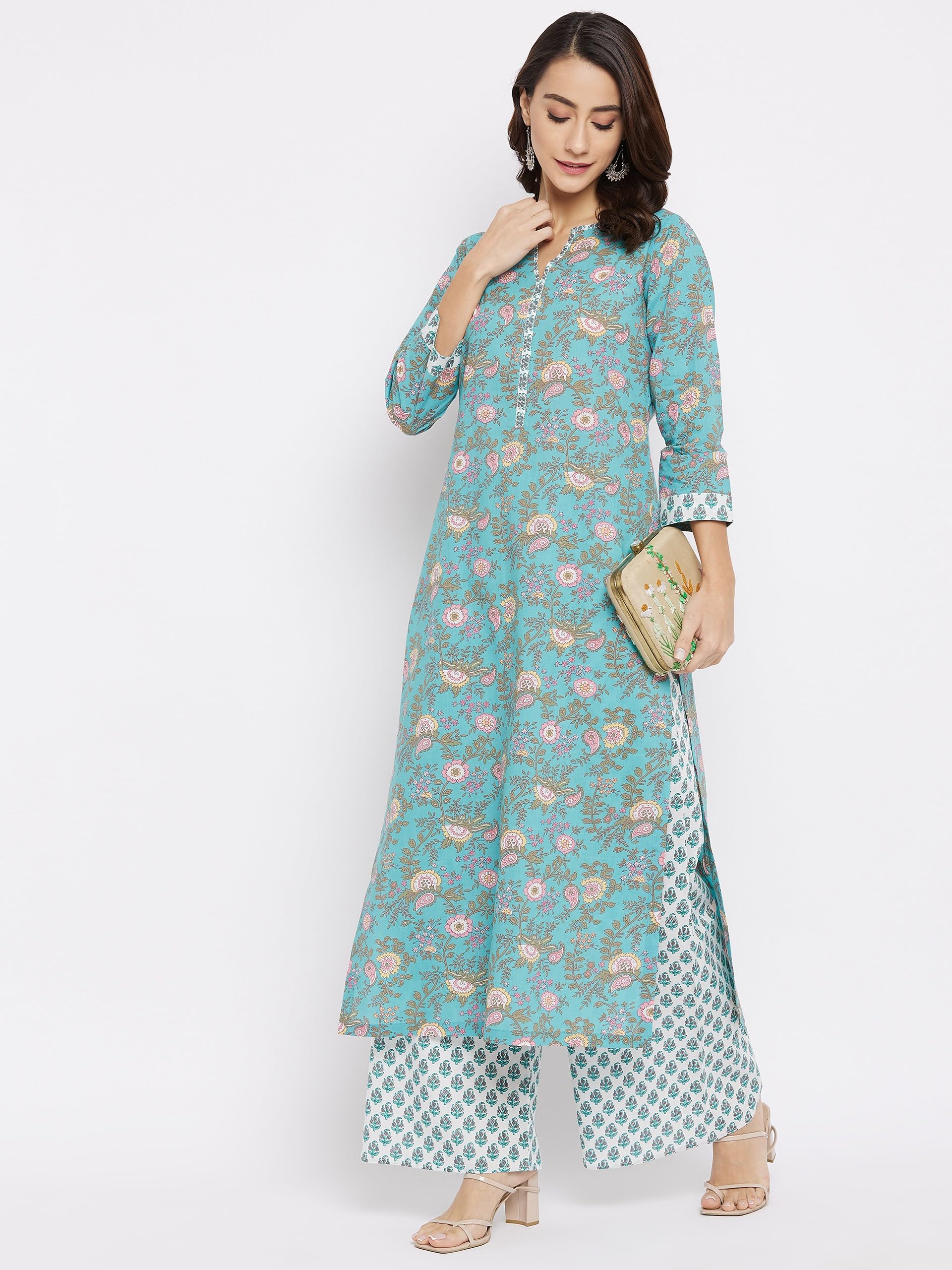 Tissu Women'S Cotton Sea Green & Pink Floral Printed Kurta With Palazzo (Tis-600_Green_8Xl)