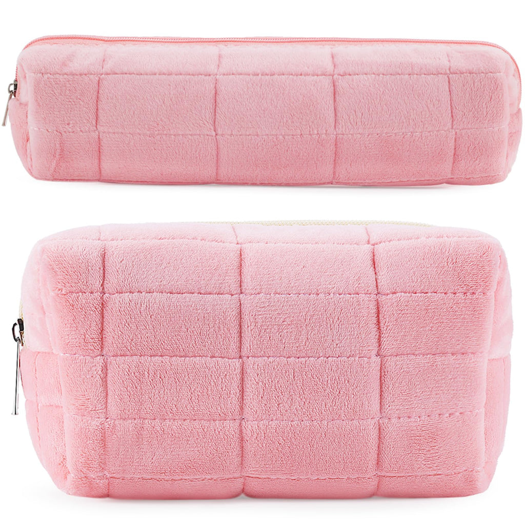 2Pcs Makeup Bag for Women Girls Pencil Pouch Travel Small Cosmetic Bag Set Cute Plush Pink Makeup Pouch Purse Pencil Case Pencil