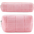 2Pcs Makeup Bag for Women Girls Pencil Pouch Travel Small Cosmetic Bag Set Cute Plush Pink Makeup Pouch Purse Pencil Case Pencil