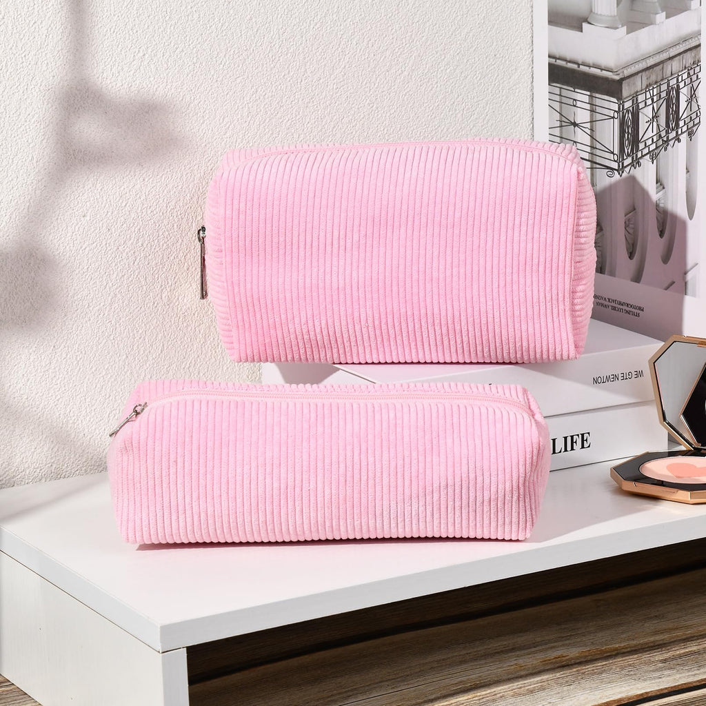 SOIDRAM Makeup Bag Corduroy Cosmetic Bag Cute Pink Makeup Pouch 1Pcs Large Capacity Makeup Bags and 1Pcs Makeup Brushes Storage