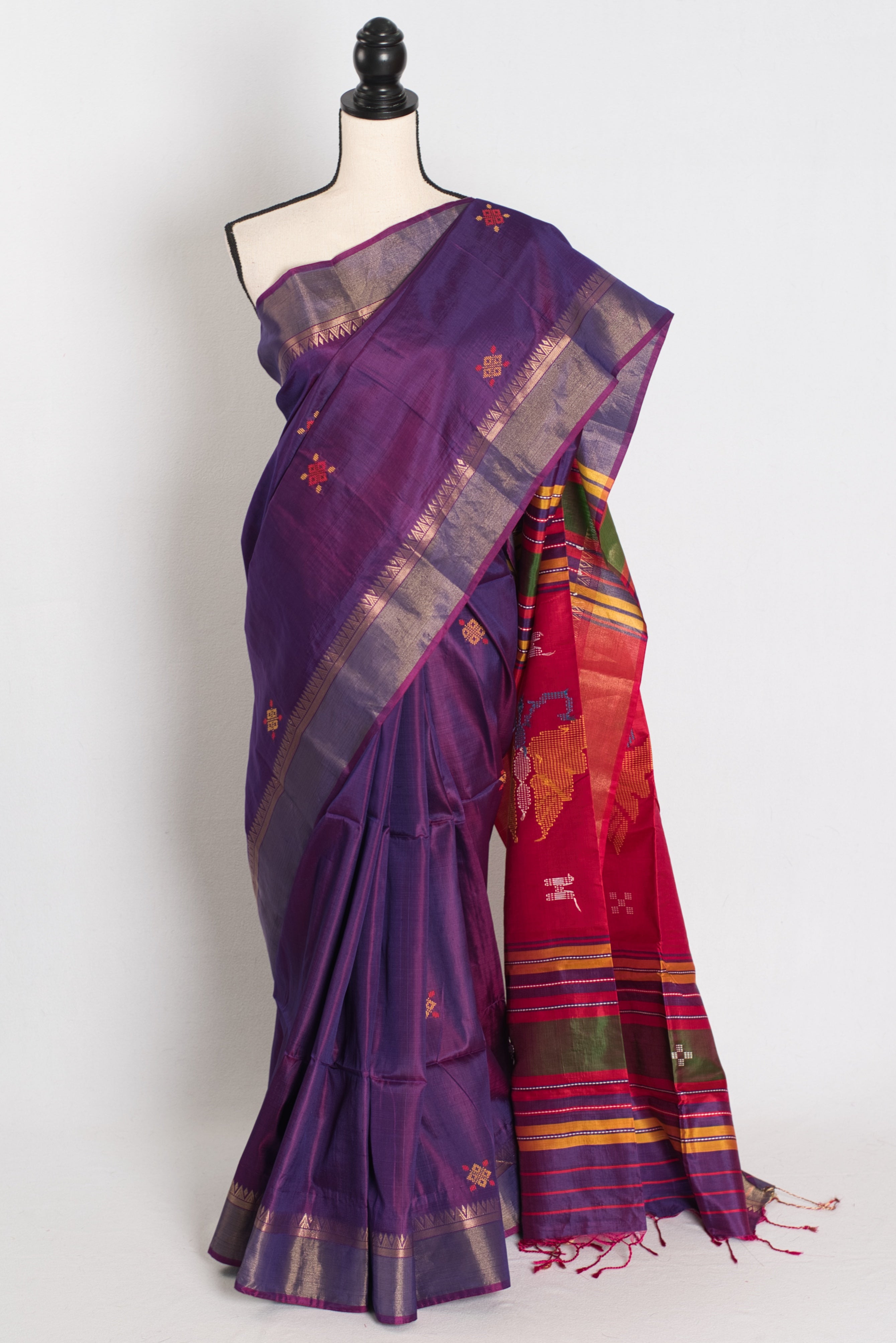 Pritha : Lightweight Bishnupur Katan Silk Saree in Purple and Red