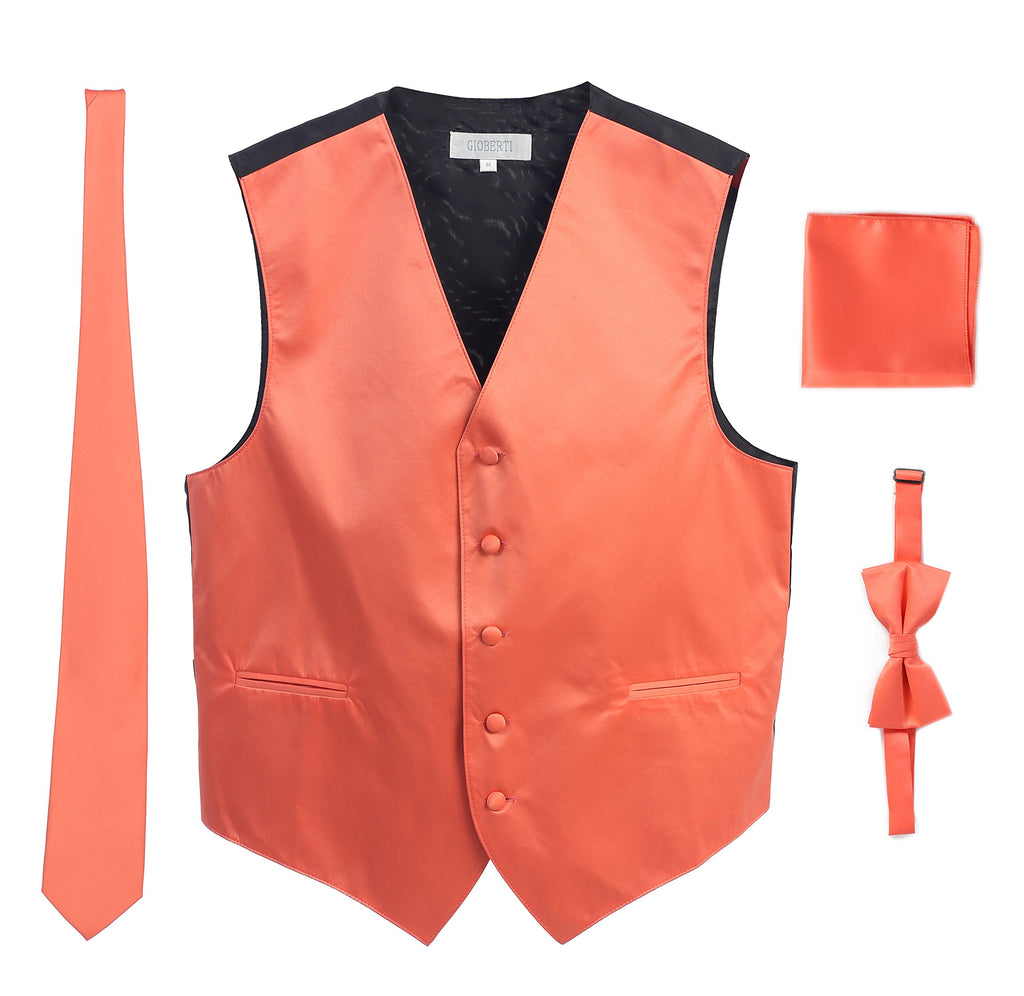 Men's Formal 4pc Satin Vest Necktie Bowtie and Pocket Square, Coral, X Small