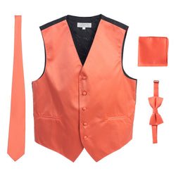 Men's Formal 4pc Satin Vest Necktie Bowtie and Pocket Square, Coral, X Small