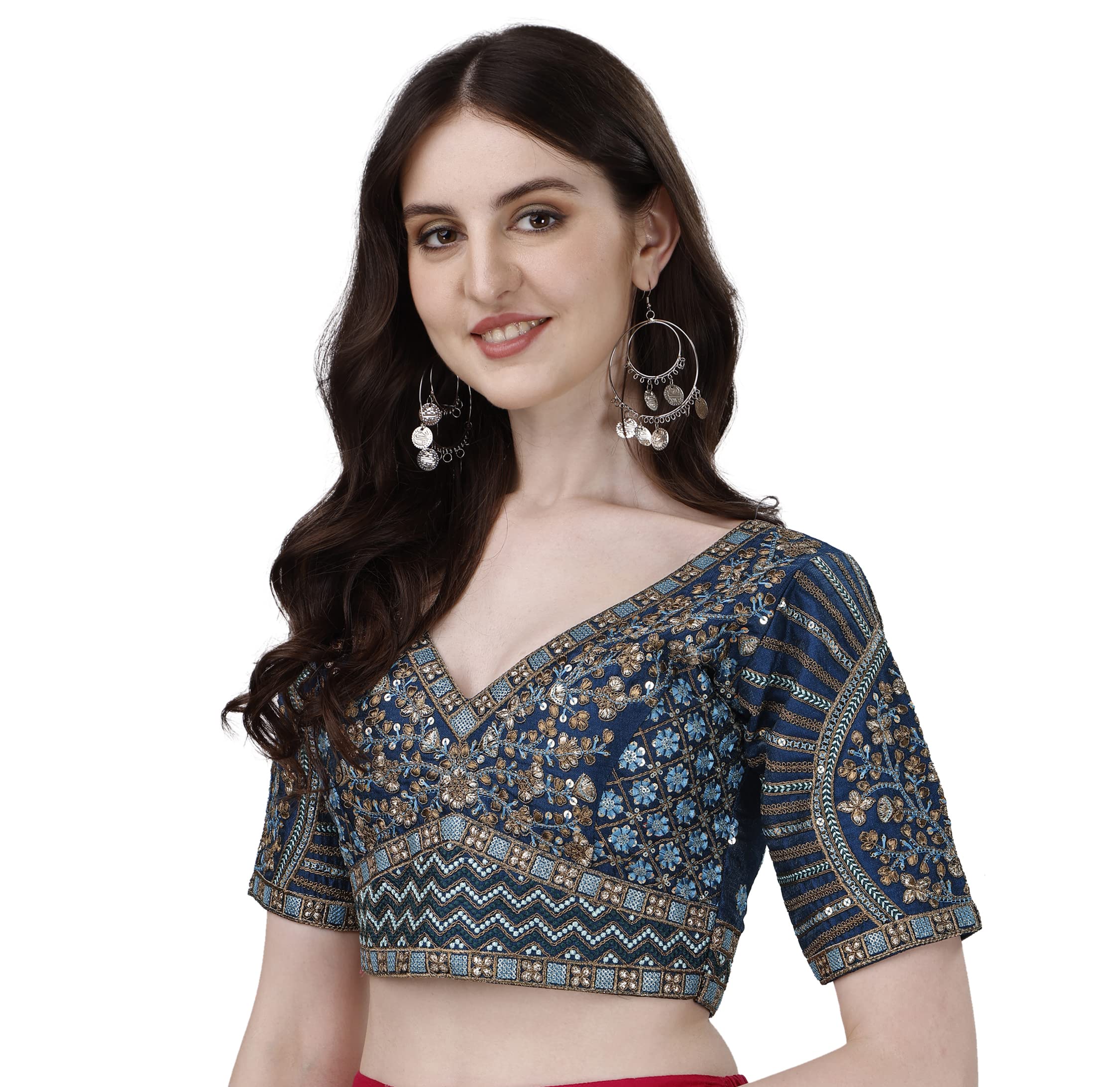 Pujia Mills Mills WomenS Fancy Readymade Heavy Coding Embroidary Worked Half Sleeve Multicolor Saree Blouse(Mushroom) (Morpeach