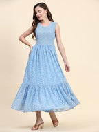 Toochki WomenS Sky Blue Georgette Floral Tiered Western Dress | Dress For Women | A Line Dress | Winter Dress | Western Dress |