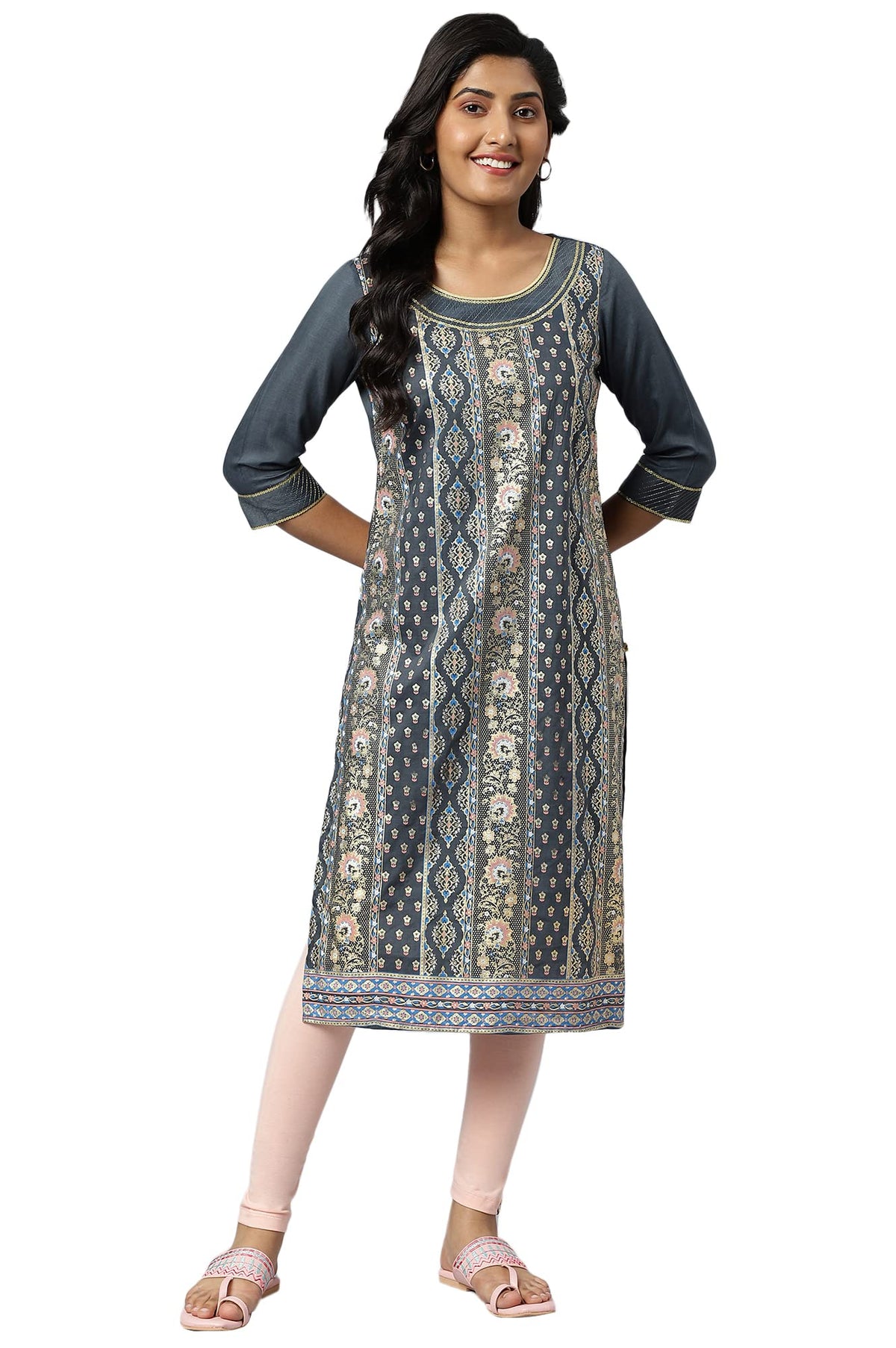 Grey Floral Printed Sequined Ethnic Kurta