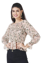 POPWINGS Casual Floral Print Chiffon Tops for Women || Full Sleeves Summer Tops for Women || Square Neck Smocking Pattern Tops f