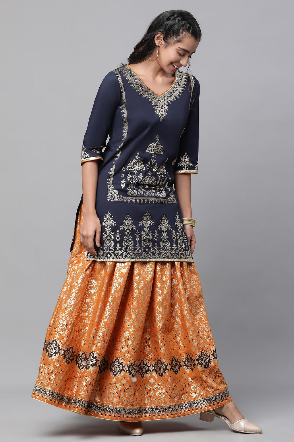 Aurelia Blue Festive Short Kurta, Orange Crinkle Skirt And Dupatta