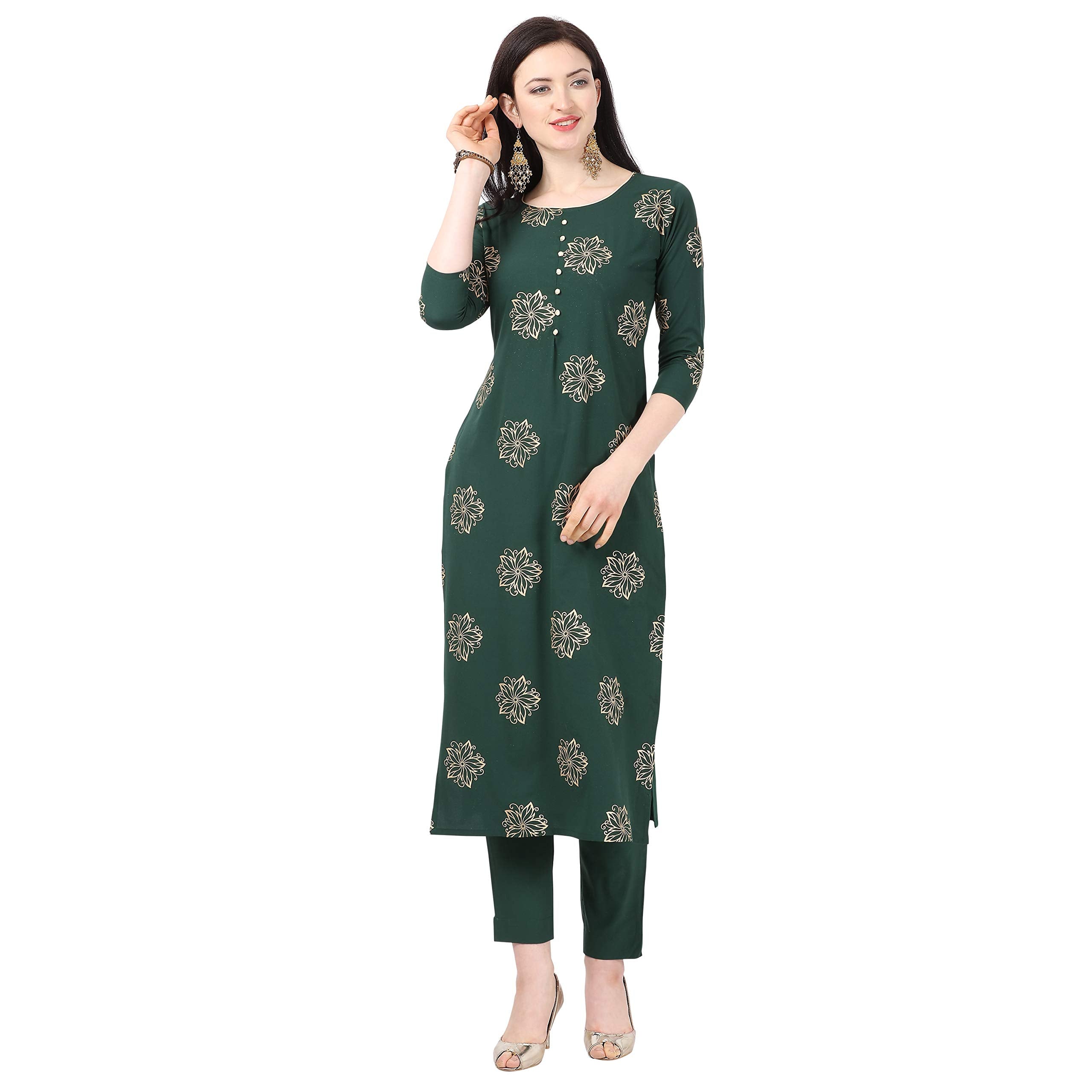 Nainvish Women Green Crepe Straight Kurti With Pant Set (Sd033-Xxl)