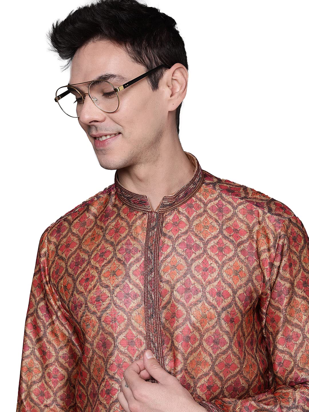 Manyavar Printed Knee Long Kurta Churidar Set For Men - (Maroon, X-Large)
