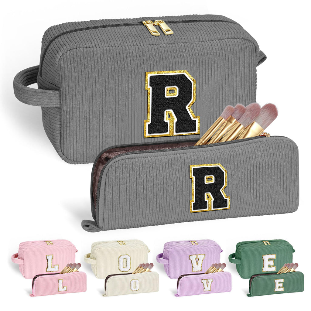 YOOLIFE 2 Gray Makeup Pouch - Travel Makeup Bag for Women - Corduroy, Cute, Large - Personalized Friend & Mom Gifts