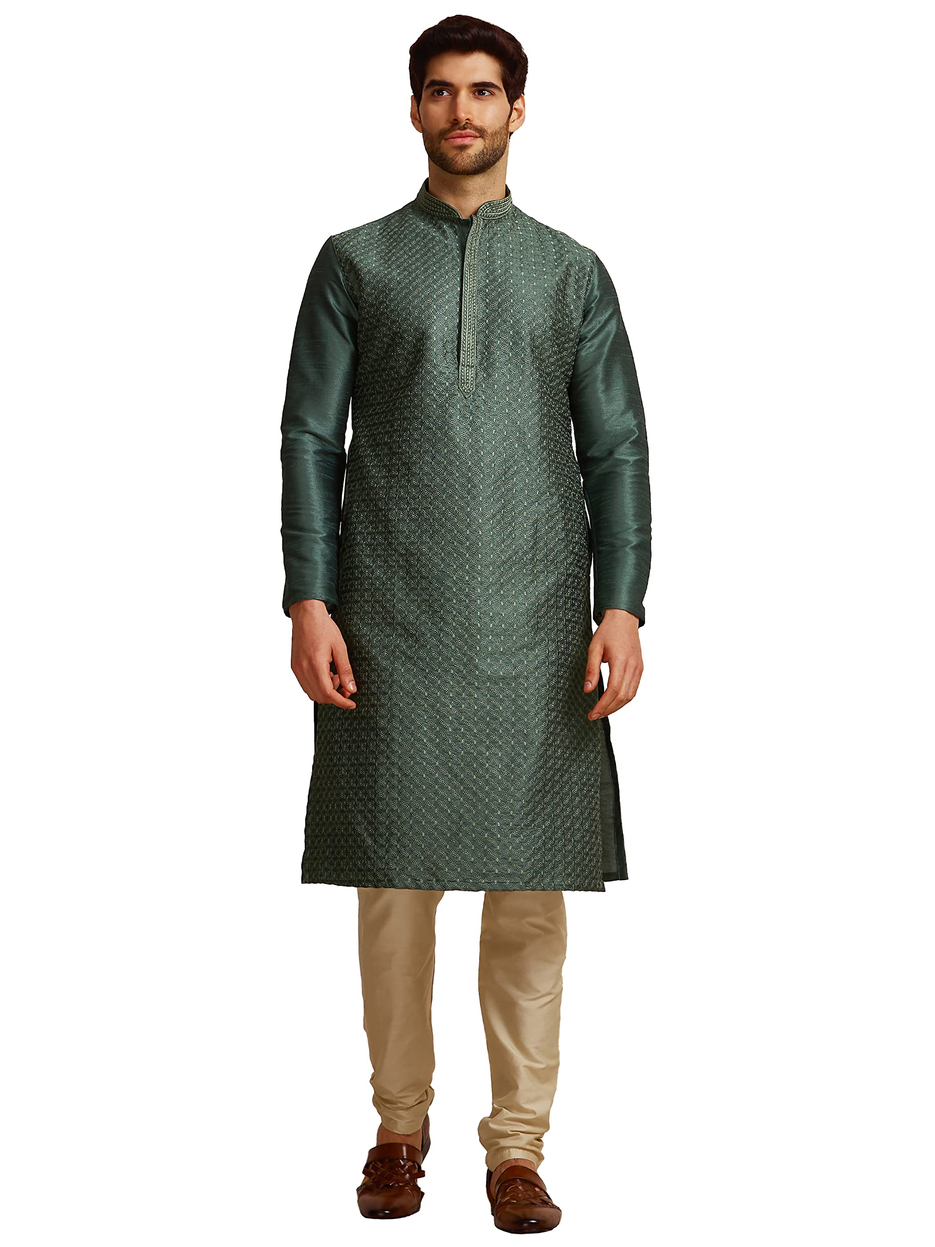 Manyavar Green Dupion Art Silk Full Sleeve Kurta Set | Traditional Kurta Set For Men (Xl)