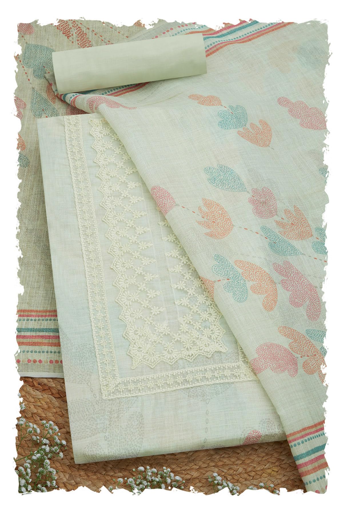 Soch Women Linen Floral Print Unstitched Dress Material with Pearl