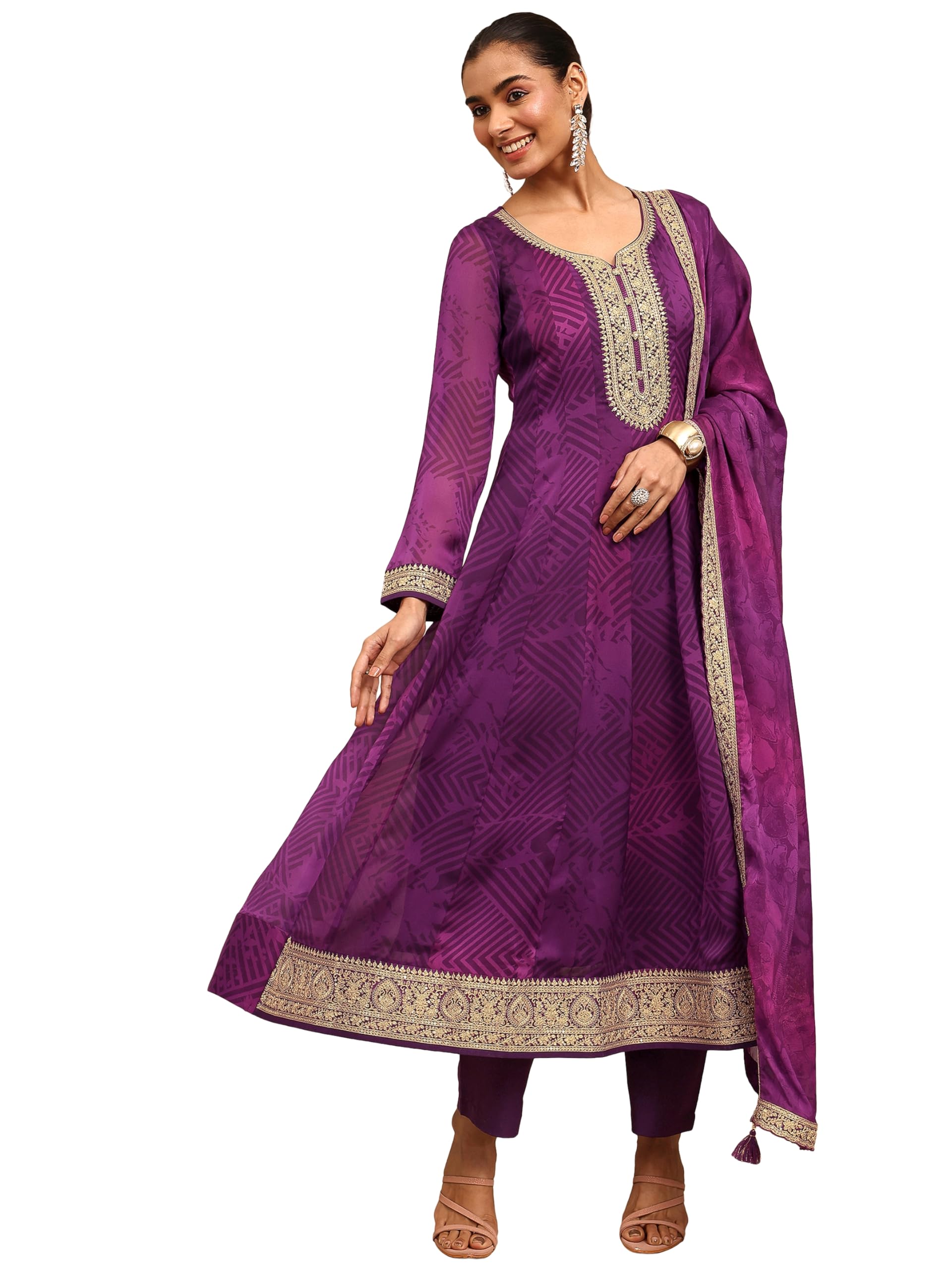 Libas Printed Silk Chiffon Anarkali Kurta With Trousers And Dupatta-93079Xxl